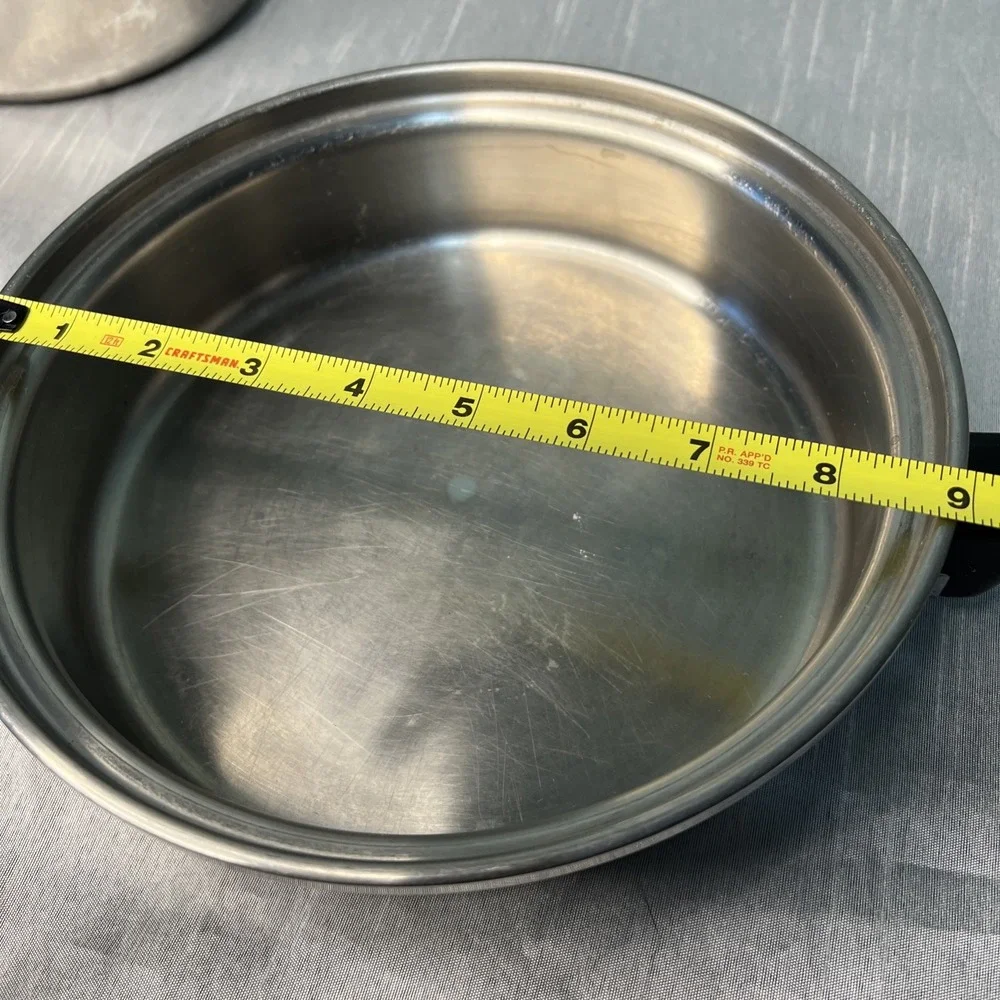 7pc Prudential Ware Tri-Clad Stainless Pans Skillet Double Boiler / Steamer Lids